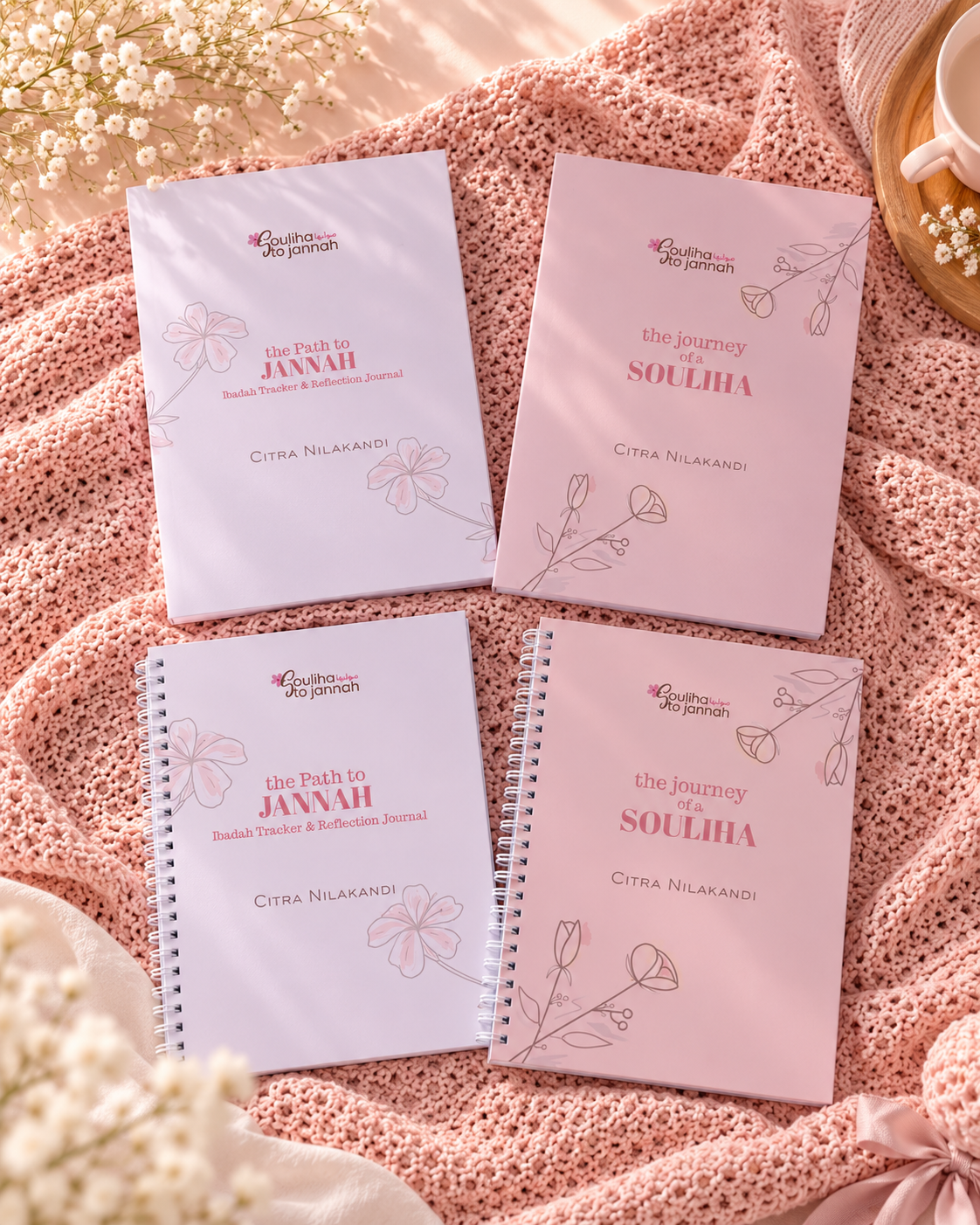 Soulihatojannah journals on a soft pink setting
